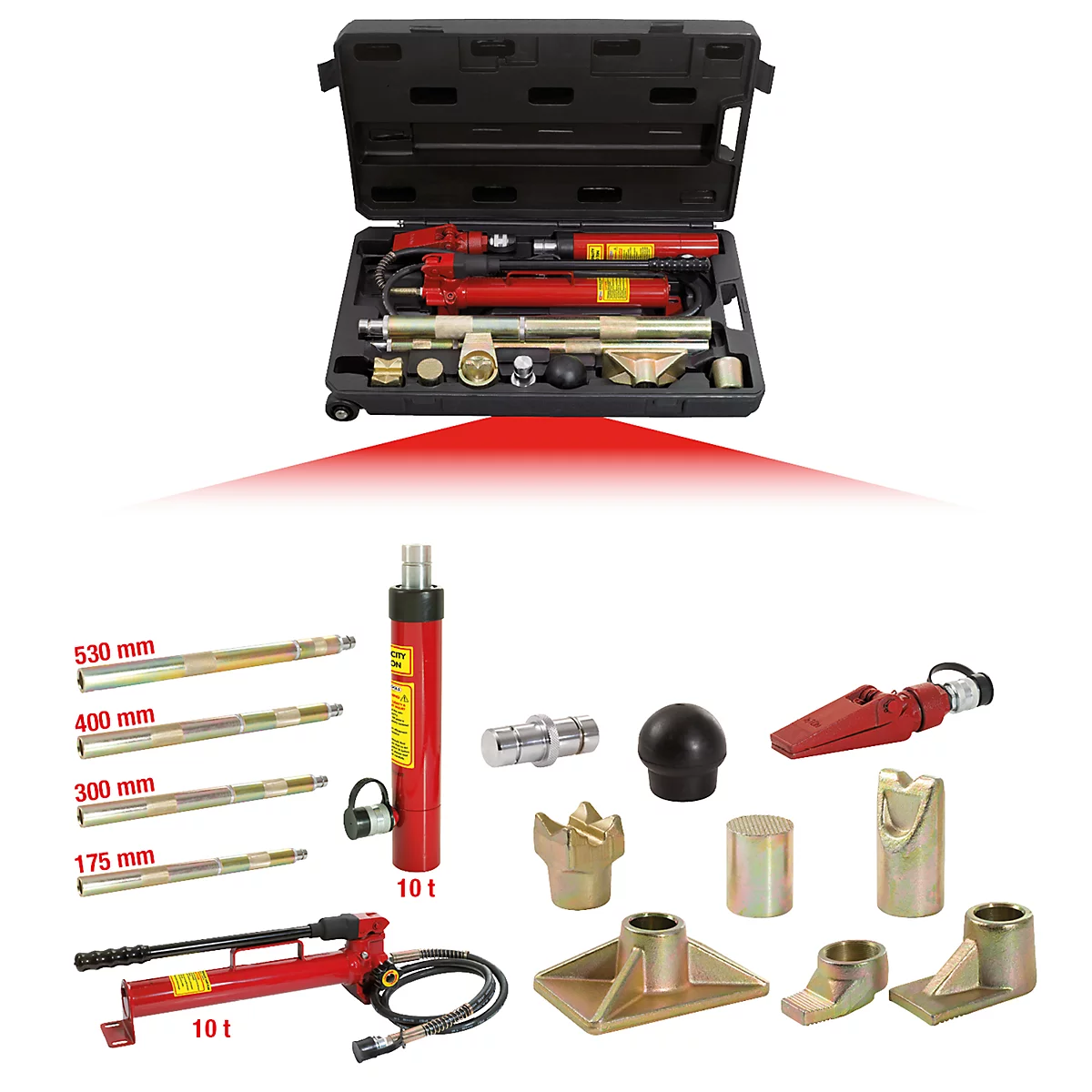 Werkzeugkasten mit verschiedenen Hebevorrichtungen, Stützen und Zubehör. Einzelne Teile sind separat dargestellt.